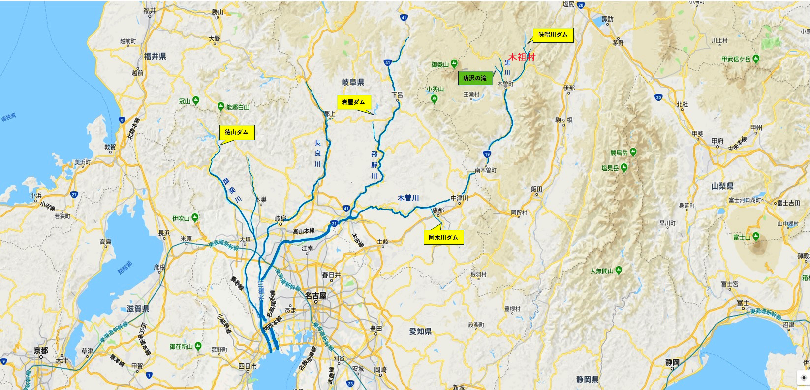 木曽川水系取水ダム位置図